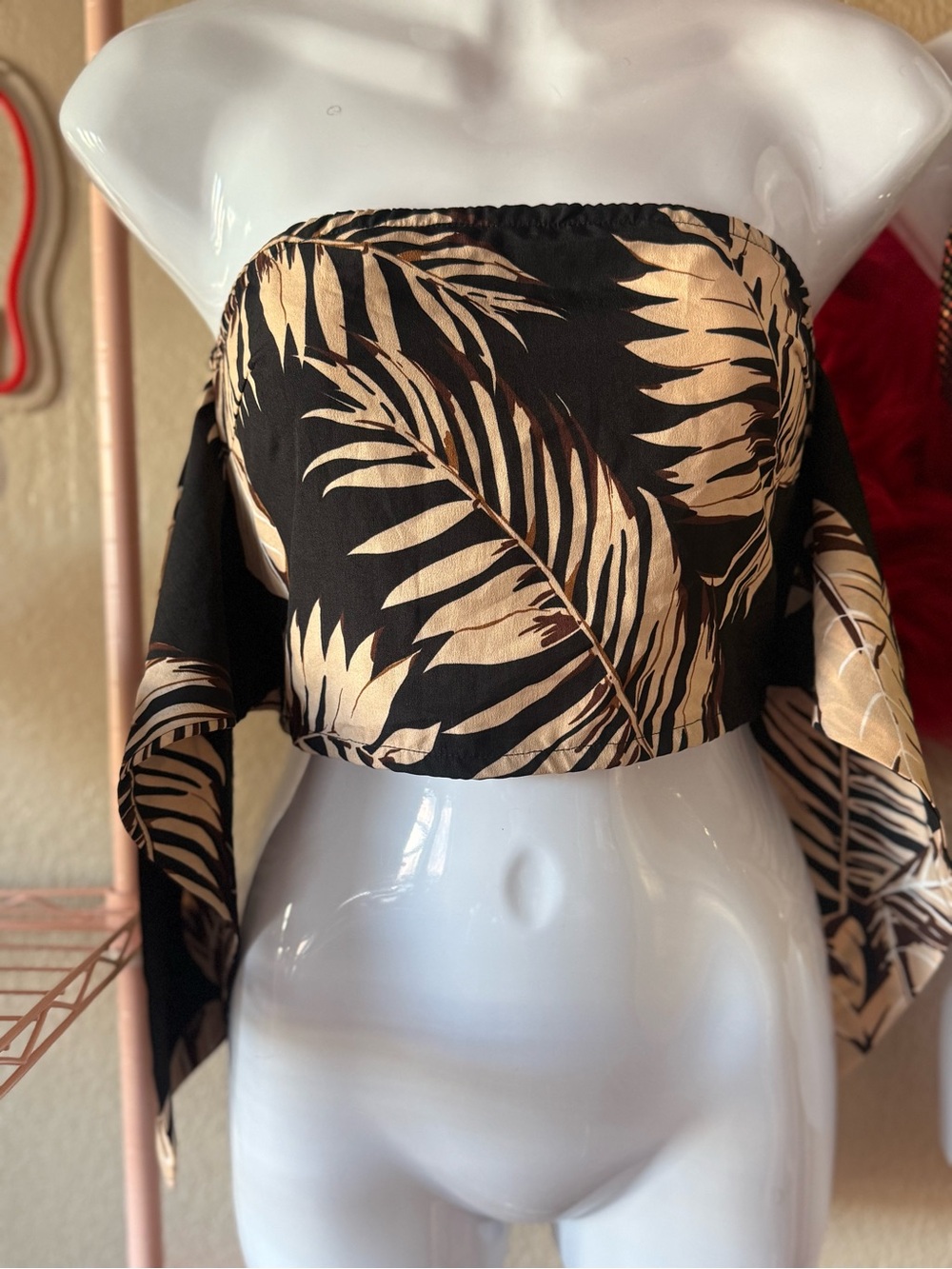 Tropical Leaf Black & Tan Strapless Crop Top